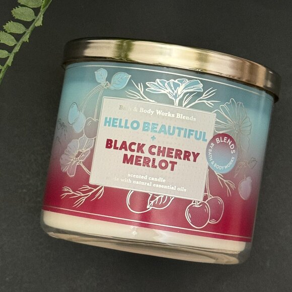 BBW Hello Beautiful + Black Cherry Merlot Bath & Body Works 3 Wick Candle - Picture 5 of 10